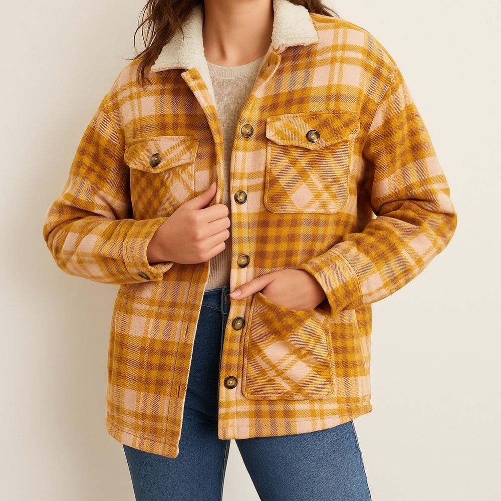 Aerie Sherpa-Lined Yellow/Carmel Plaid Oversized Shacket – Women’s Sz XS
